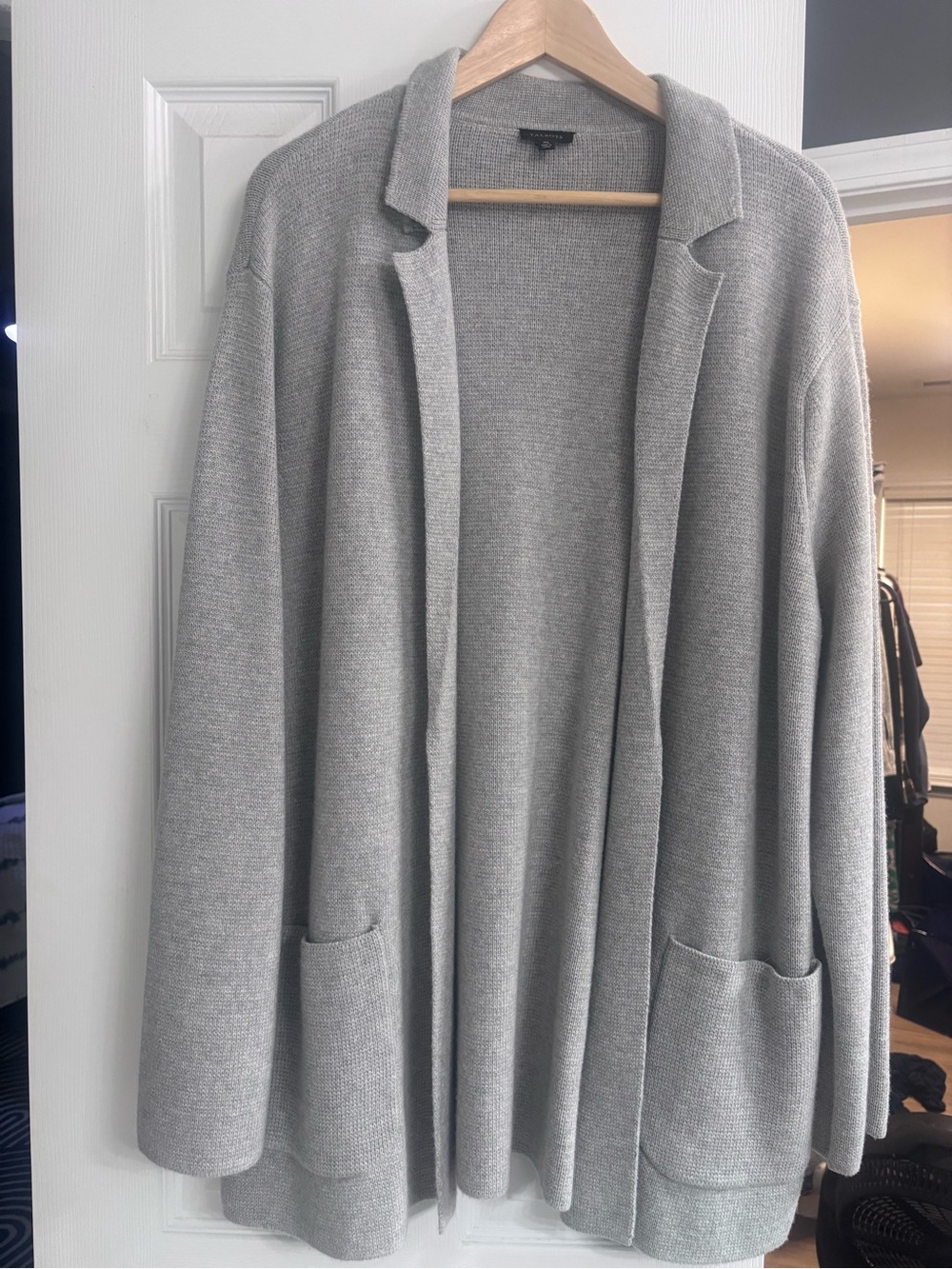 NWOT never worn Talbots notch collar sweater cardigan in grey sky.